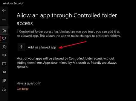 Omogući Ransomware zaštitu Windows Defender kontrolirani pristup mapi Dopusti aplikaciju kroz Add App