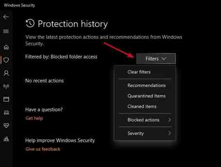 Omogući Ransomware zaštitu Windows Defender Ransomware zaštita Upravljajte filtrima povijesti bloka pristupa kontroliranim mapama