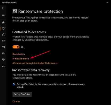 Omogući Ransomware zaštitu Windows Defender Ransomware zaštita Upravljajte kontroliranim pristupom mapama u zaštićenim mapama